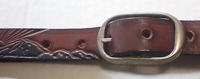 #ad VTG. HAND TOOLED SNAP LEATHER BELT MOUNTAINS amp; SUNRISE 7 8quot; WIDE MARKED SIZE 32 $24.00
